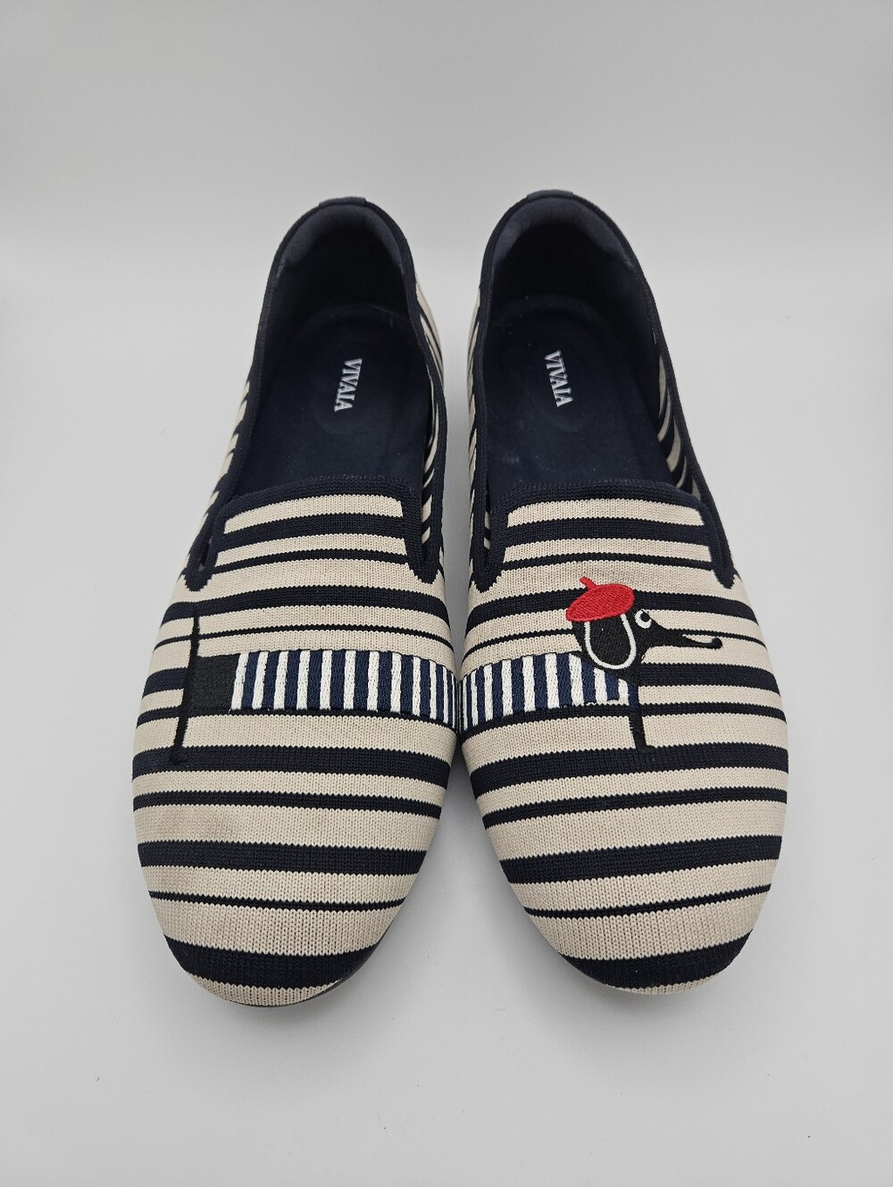 Vivaia Audrey embroidered round-toe loafers Navy Ivory Multi-Stripe Dog sz 43/11